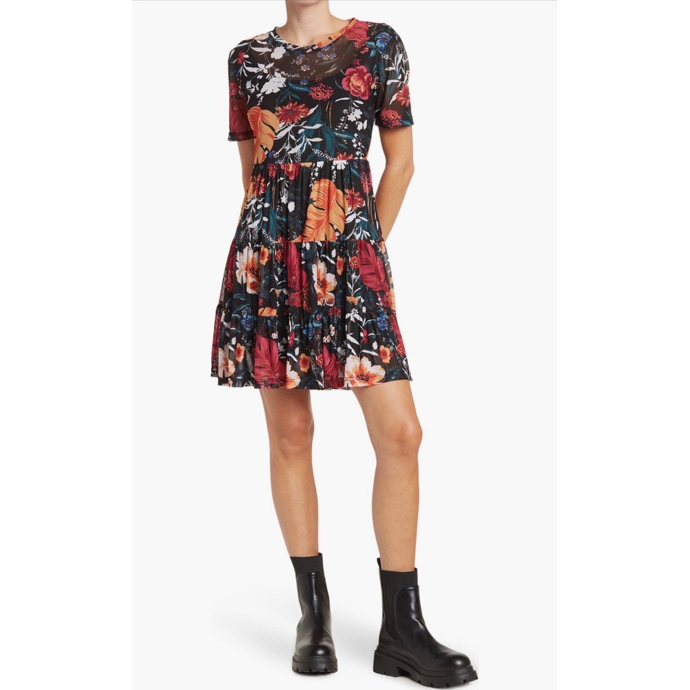 Love X Design Black Floral Print Mesh Dress, Medium